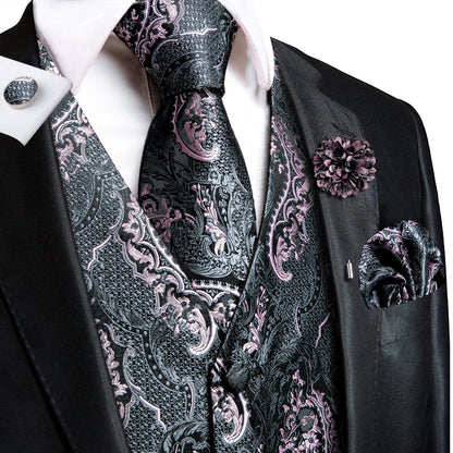 High Quality Silk Mens Vests Pink Gray Floral Waistcoat Tie Hanky Cufflinks Brooch Set for Men Suit Wedding Office Gift