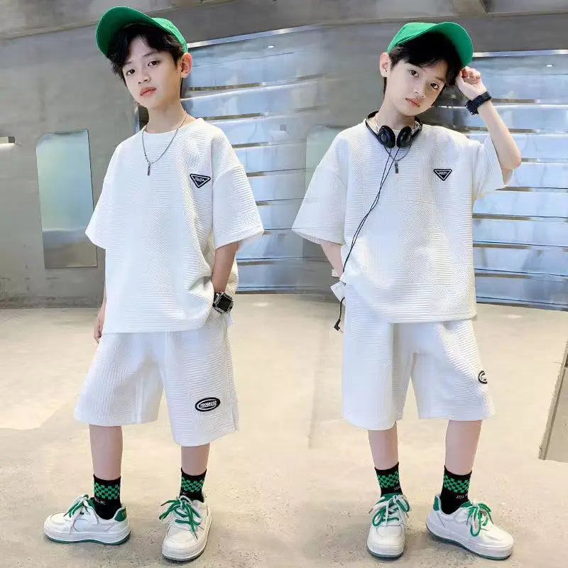 Summer Casual Boys Jacquard Loose T-Shirt Tops+Shorts Pant School Kids 2PCS Tracksuit Child Outfits Student Workout Set 3-14 Yr