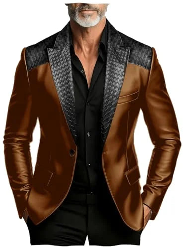 Men's Faux Suede Jacket with PU Leather Collar & Shoulder Two-Tone Blazer Contrast Trim Coat