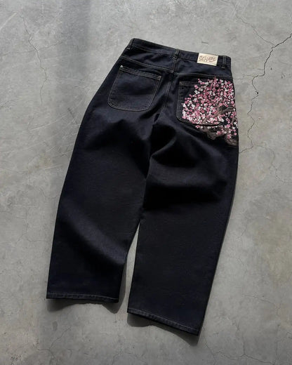Y2K 2000s Cherry Blossom Pocket Embroidery Fashion Hip Hop Loose Men And Women Clothing Retro Casual Wide Leg Streetwear