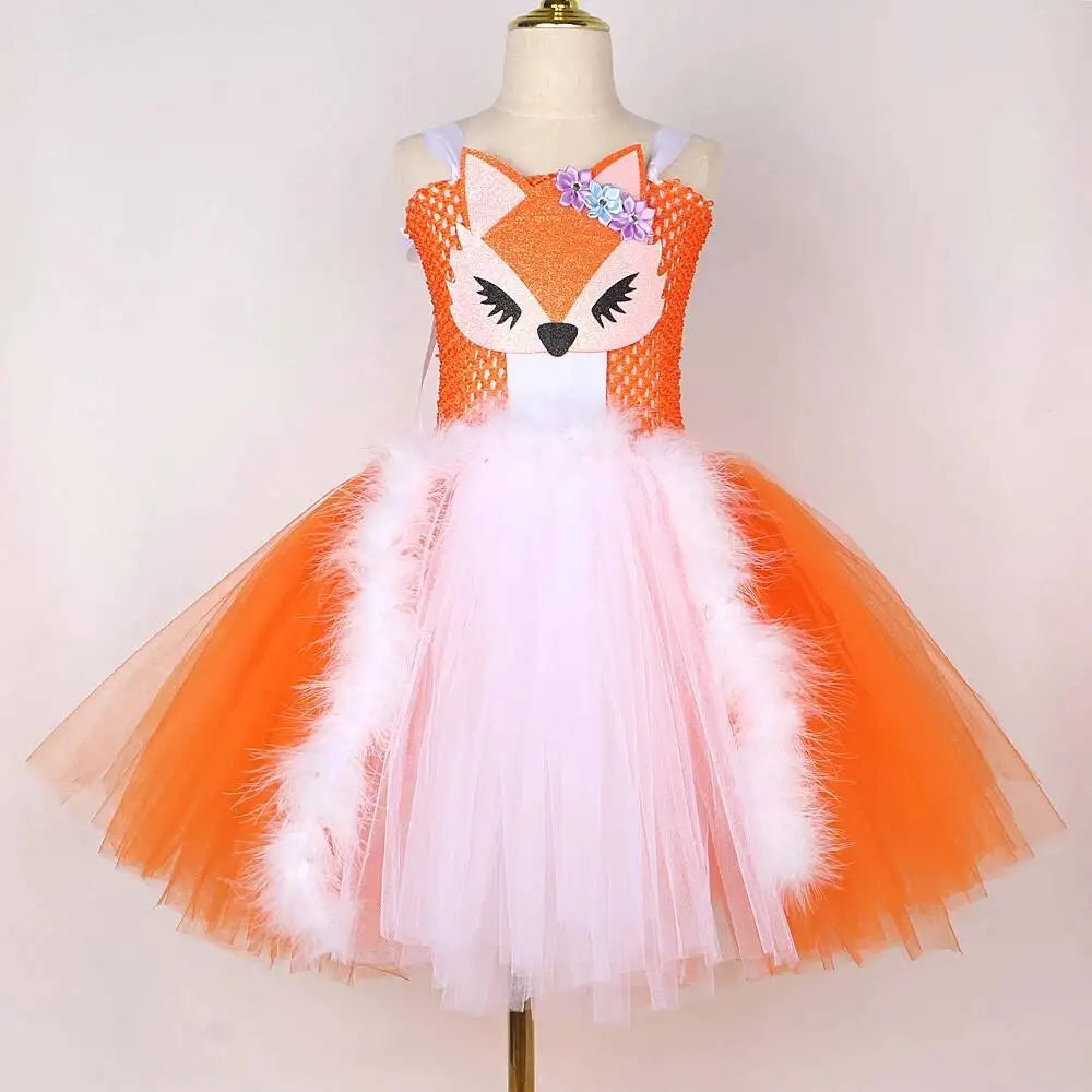 White Orange Fox Halloween Costumes for Girls Kids Animal Fancy Tutu Dress with Ears Children Birthday Carnival Party Outfits