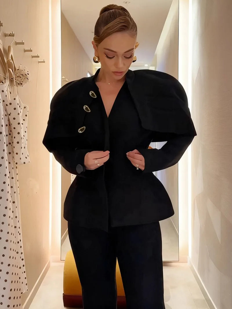 Black Elegant Blazer For Women 2025 Autumn Fashion Gold Buttons Patchwork Jacket Coat Party Vintage Commuter Suit Jacket