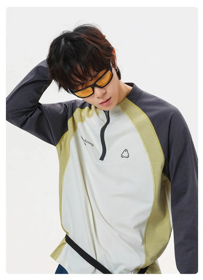 Men's Retro Colorblock Raglan Sleeve Long Sleeve T-Shirt – Loose Fit Half-Zip Athletic Top with Moisture-Wicking Fabric