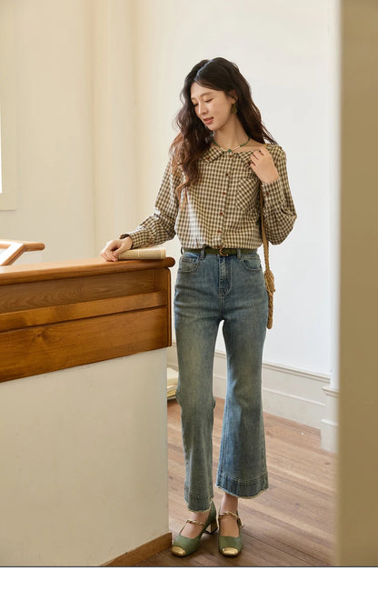Women's Casual Shirts Cotton Autumn Side Slit Pockets Plaid Shirts Commute  Elegant Chic Woman Top with Belt MXE44X2469
