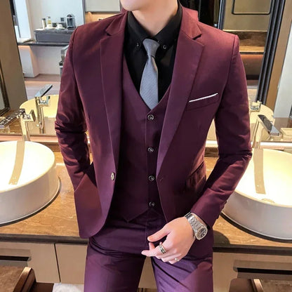 Boutique Solid Color Men's Casual Office Business Suit Three and Two Piece Set Groom Wedding Dress Blazer Waistcoat Trousers