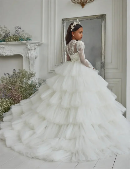 Customized White Flower Girl Dresses Tulle Tiered Flory with Tailing Long Sleeve for Wedding Birthday Party First Communion Gown