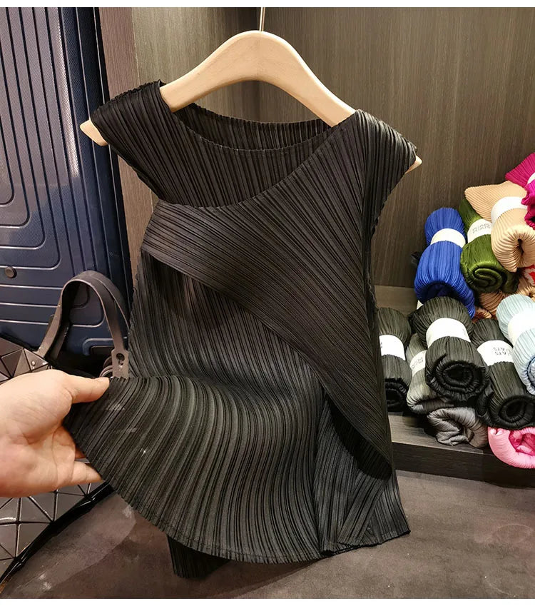 Sleeveless T-shirt Miyake Pleated Summer New Round Neck Slim Thin Versatile Irregular Women's Undershirt Tops Multiple Ways Wear