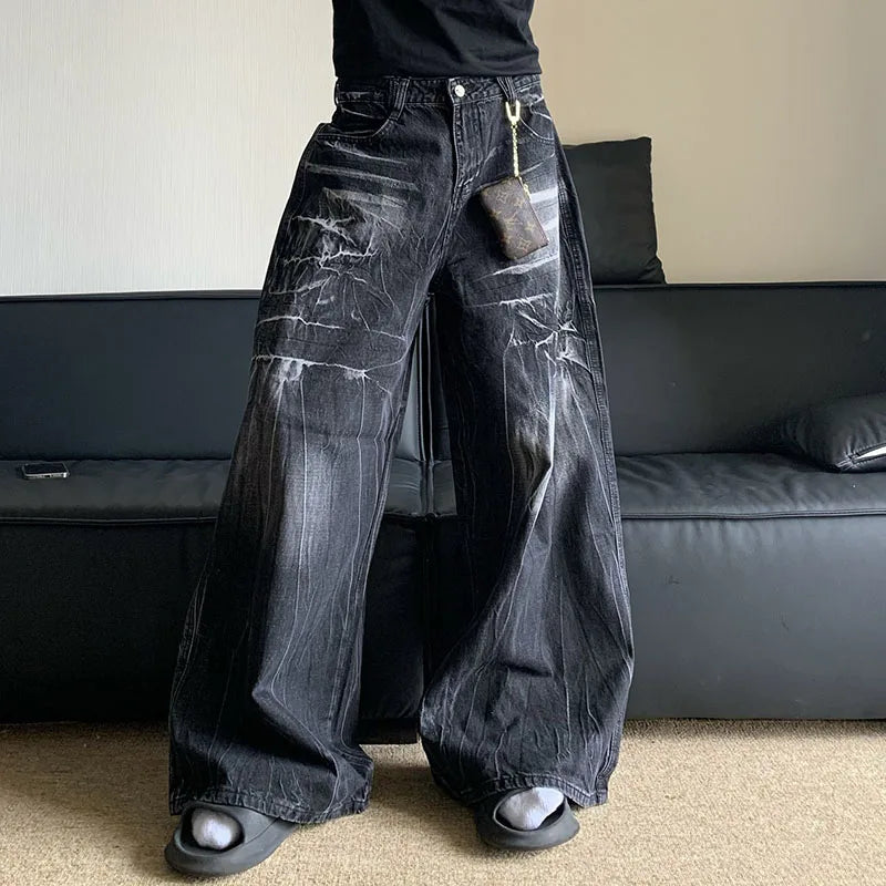 Autumn Winter Korean Vintage Jeans Lightning Pattern Design Men'S Loose Straight Leg Pants Casual Fashion Black Pants