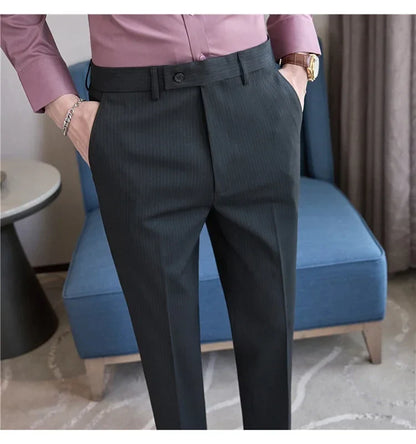 British Style Pinstripe Slim Fit Suit Pant Men Business Casual Simple Dress Pants High Quality Social Wedding Party Trousers