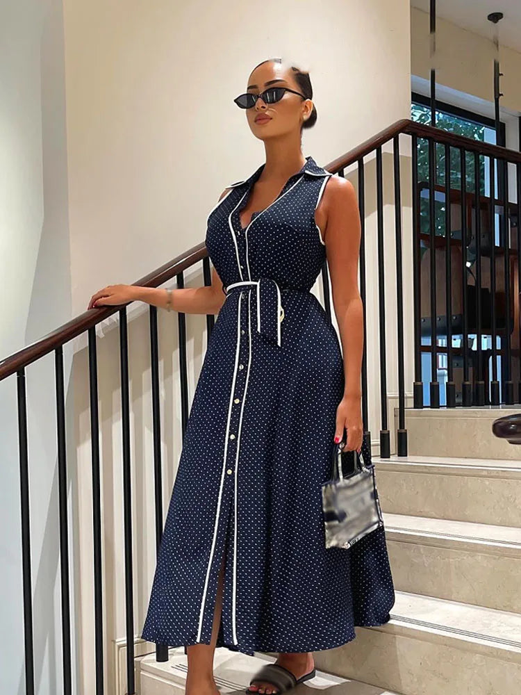 Woman Elegant Chic Sleeveless Single-breasted Midi Dress Summer Women Sexy White Polka Dot Shirt Style Chart Dress Mujer
