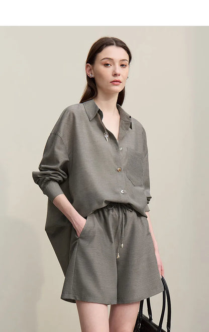 Women's Casual Shirts 2026 Summer New Holiday Style Separate Shorts Long Sleeve Top Single Loose Solid Shorts 12652027