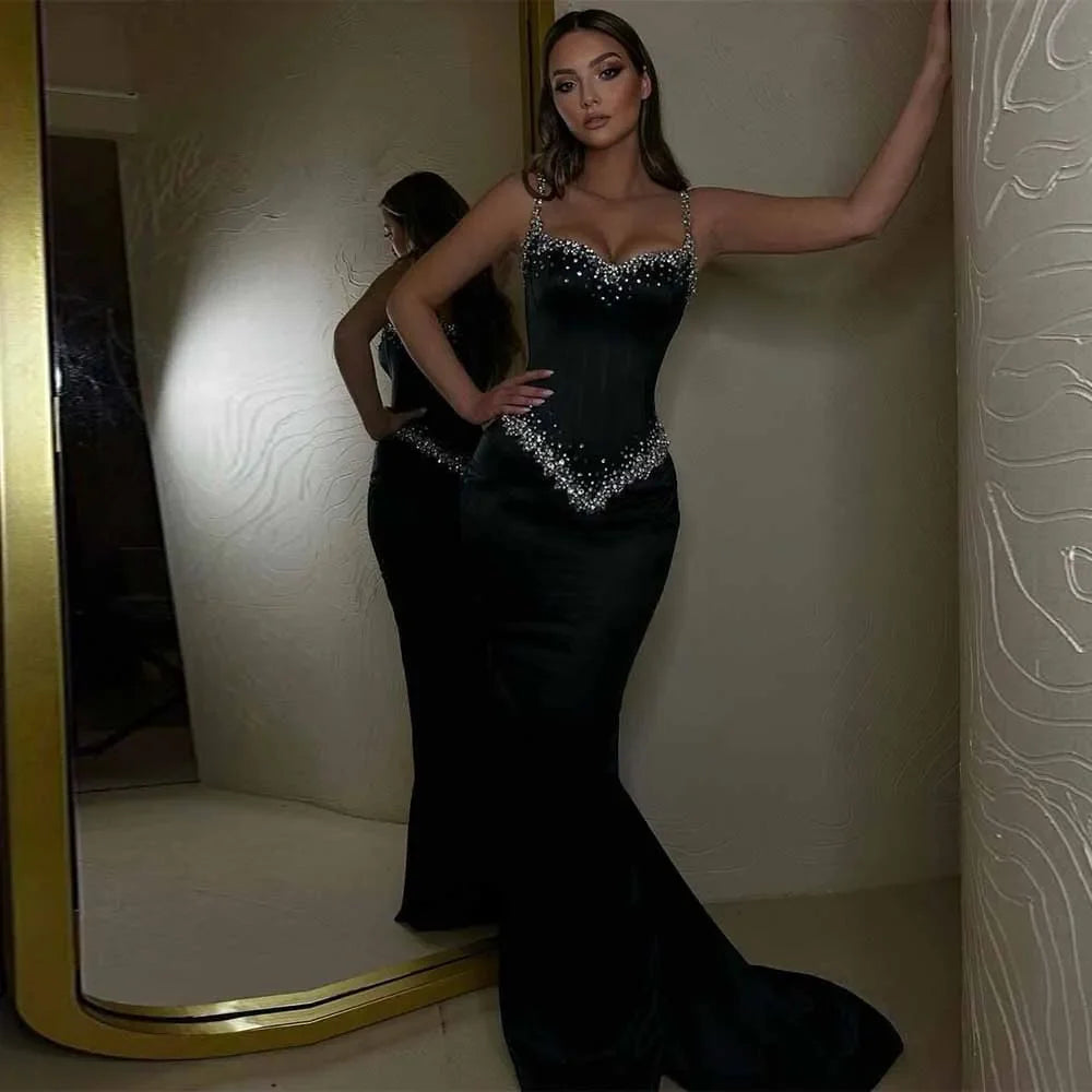 Sexy Evening Dresses 2025 Satin Mermaid/Trumpet Prom Dress Black Sweetheart Rhinestones/Crystals Birthday Dress Long
