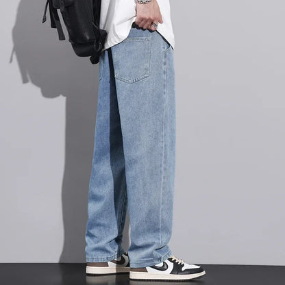Men Dark Blue Blue Stretch Elastic Waist Denim Pants Streetwear Loose Full Length Trousers Straight Wide Leg Drawstring Jeans
