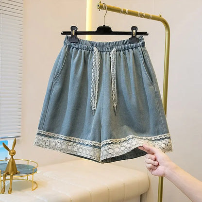 Women's High Waist Denim Shorts Summer Casual Loose Wide Leg with Lace Edging Five Points Trousers