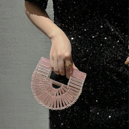 Women's Half-Moon Evening Bag Luxury Designer Rhinestone clutch bag Fan Shape Golden Party Bag Mini Sparkling Wedding Purse