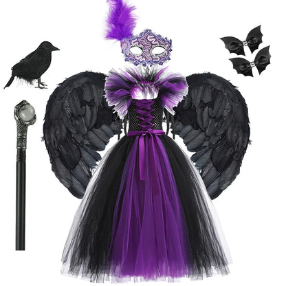 Maleficent Neck Dress Girls Halloween Theme Cosplay Costume Handmade Woven Tulle Dress Evil Role Playing Outfits Luxury Gown