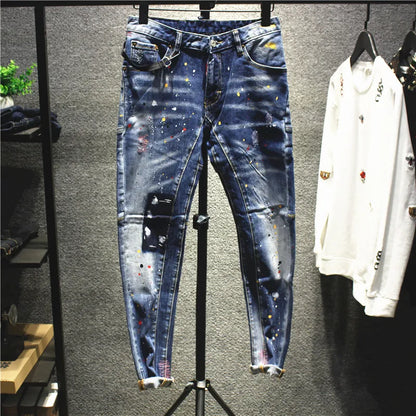 Street Fashion Men Jeans Retro Blue Stretch Slim Fit Spliced Ripped Jeans Men Painted Designer Hip Hop Vintage Denim Pants Homme