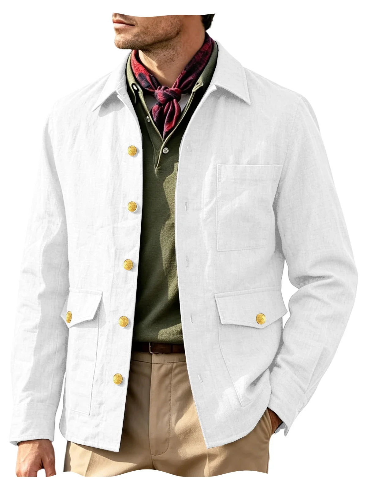 Vintage Men's Linen Jacket Lapel Collar Gold Button Casual Slim Fit Coat Lightweight Breathable for Formal Daily Office Wear
