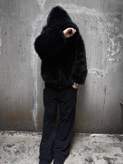 Autumn Winter Oversized Thickened Warm Black Reversible Faux Fur Parka Coat Men with Hood Zipper Fluffy Jacket 2025