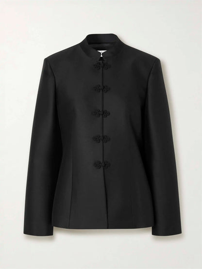 Women's Spring Summer Mandarin Collar Knot Button Fitted Blazer Elegant Office Casual 2026 Trendy Feminine Fashion Coat