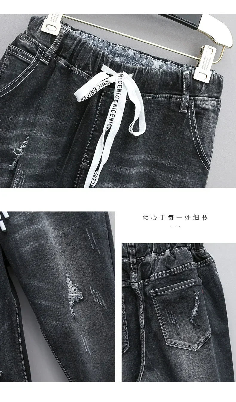 Large Size Baggy Jeans Woman High Waist Loose Harem Pants Elastic Cotton Denim Pants Women Denim Jeans Mom Ripped Jeans