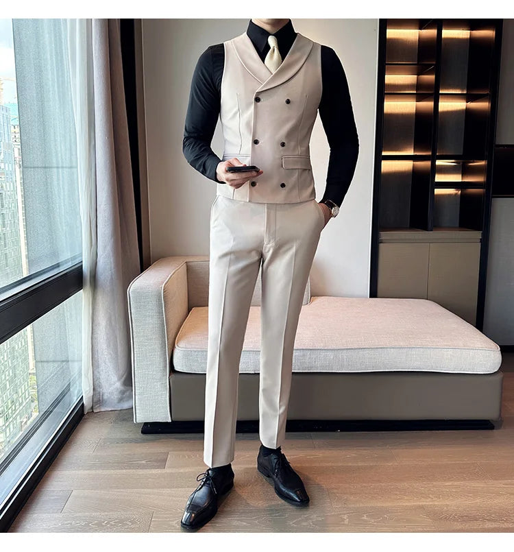 ( Vest + Pants) Men's Double-breasted Suit Vest 2 Pieces Set High Quality Business Casual Fashion Groom Wedding Dress Vest Sets