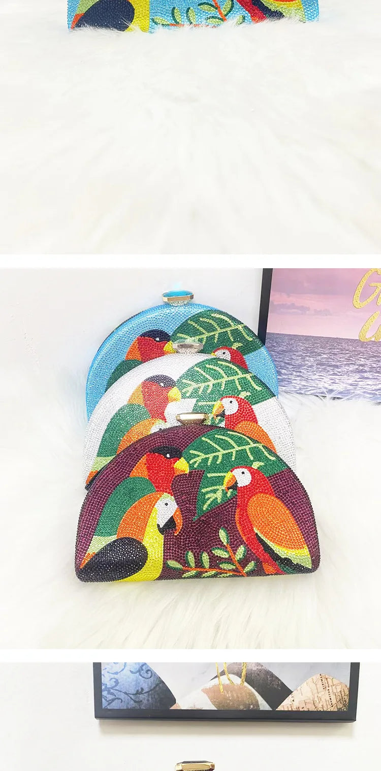 Multicolored Parrot Diamond Evening Bags Women Crystal Clutch Purse Cocktail Prom Bird Party Handbags Rhinestone Shoulder Bag