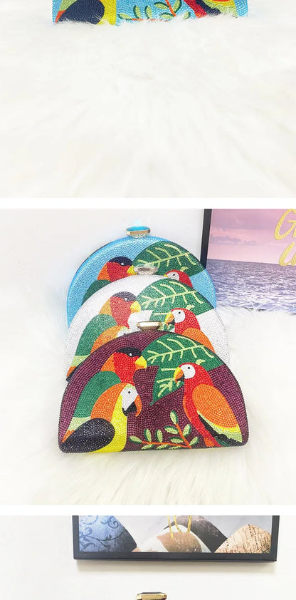 Multicolored Parrot Diamond Evening Bags Women Crystal Clutch Purse Cocktail Prom Bird Party Handbags Rhinestone Shoulder Bag