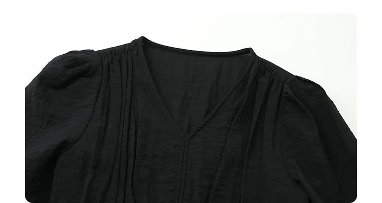 Women Dresses French Style Vintage V-neck Puff Sleeve Long Dress Solid Black Loose Female Clothing Summer New 2023