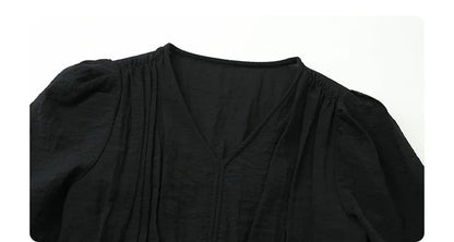 Women Dresses French Style Vintage V-neck Puff Sleeve Long Dress Solid Black Loose Female Clothing Summer New 2023
