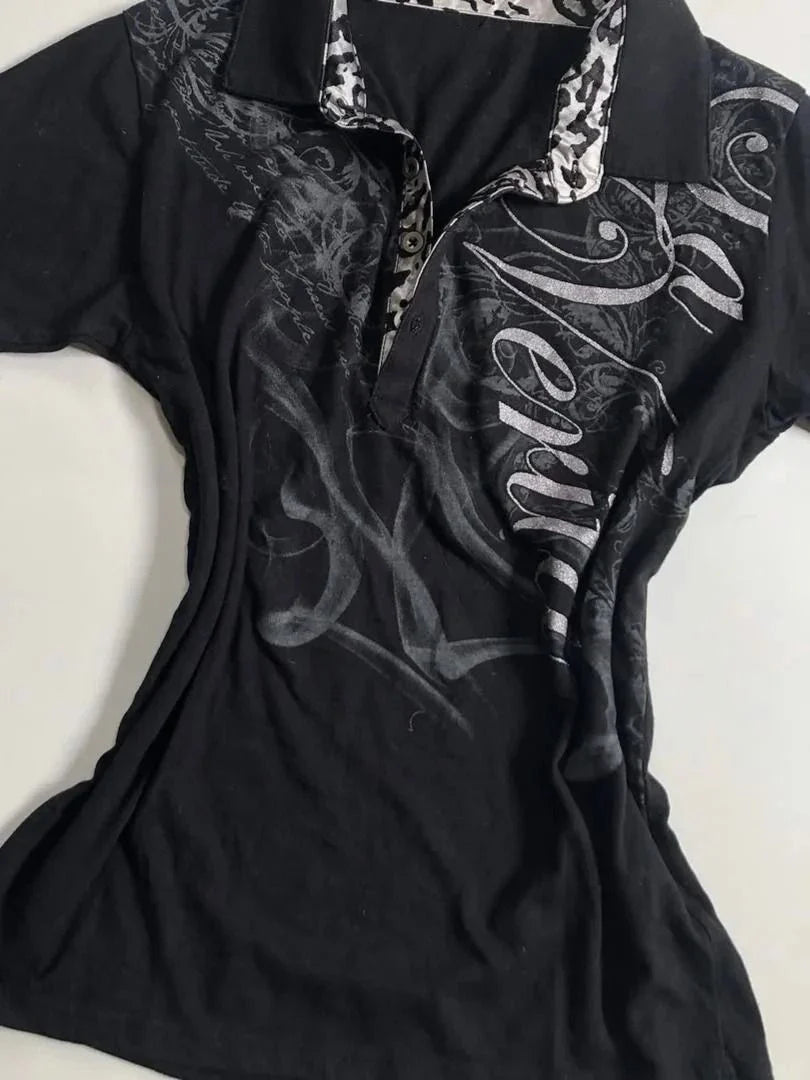 Vintage Y2k T-shirt Polo Letter Print 90s Slim Goth Punk Aesthetic Harajuku Summer Woman Clothes Streetwear Crop Top Grunge Tees