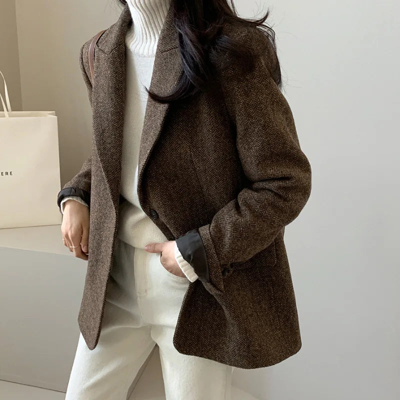 Hot Selling Slimming Vinegar Medium Long Suit Collar Windbreaker Women's Commuting Temperament Suit Jackets Single Breasted