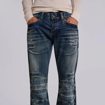 Y2K Vintage Flared Jeans Mid Blue Washed Men Women Bootcut Jeans American Hip Hop Distressed Streetwear Unisex Wide Leg Pants