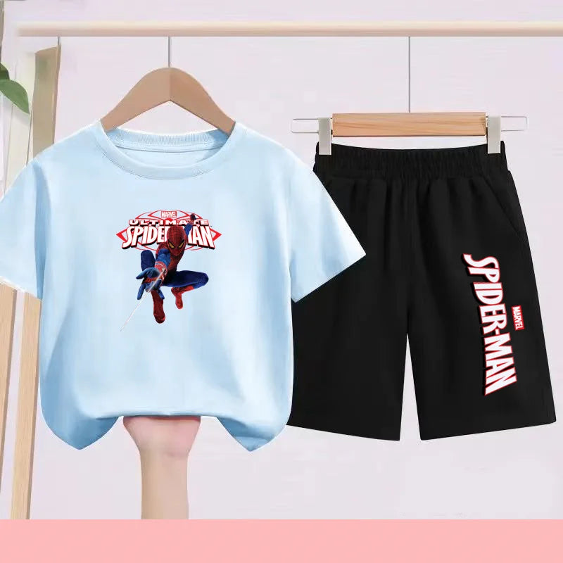 2026 Children's Sports Outfit with Spider Pattern Cartoon Print - T-shirt + Shorts Set, Suitable for Children Aged 3 To 13.