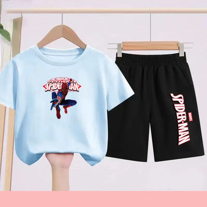 2026 Children's Sports Outfit with Spider Pattern Cartoon Print - T-shirt + Shorts Set, Suitable for Children Aged 3 To 13.