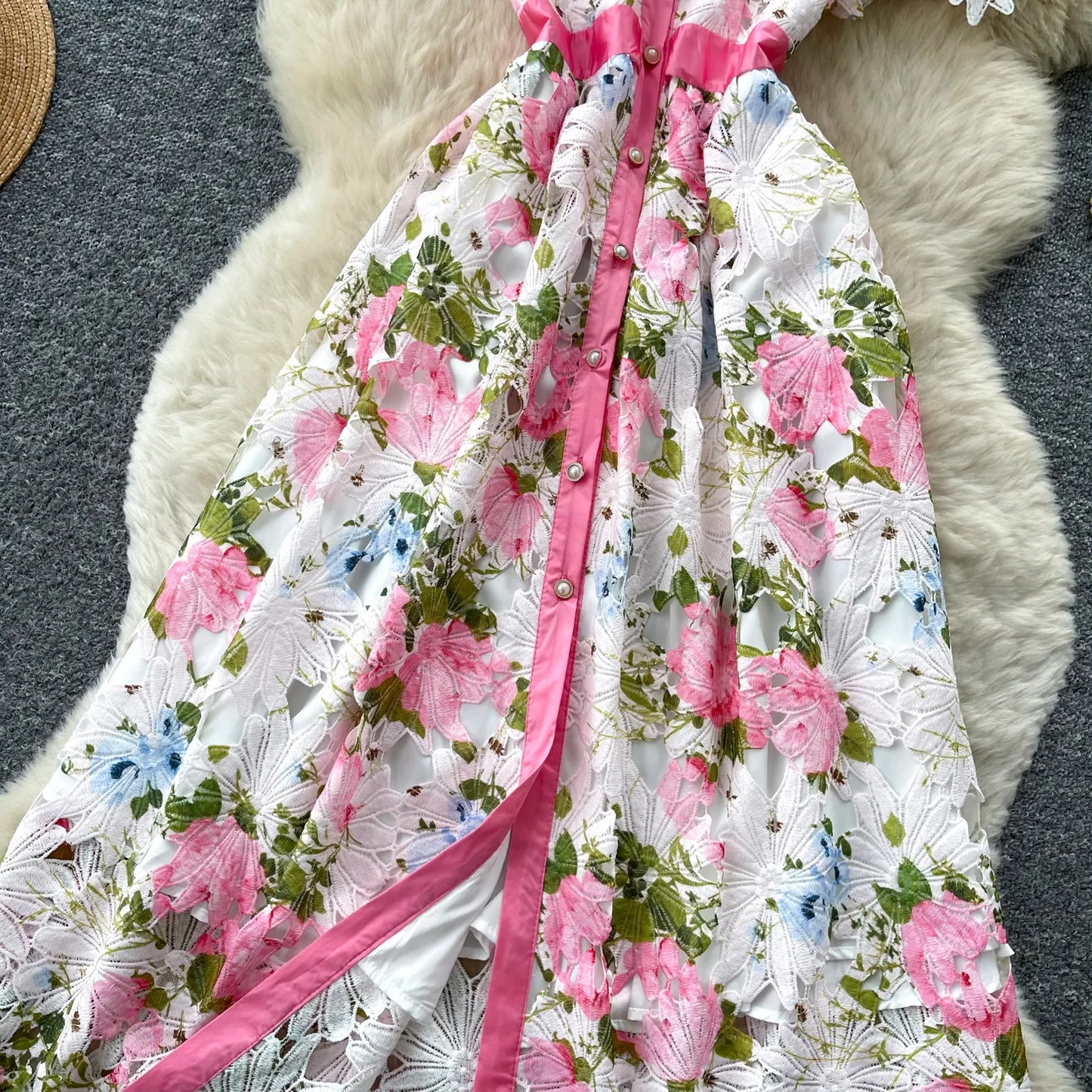 Embroidery Flower Vacation Dress French Style Blet Lapel Slim High Quality Hollow Out Ladies Elegant A-line Long Dress
