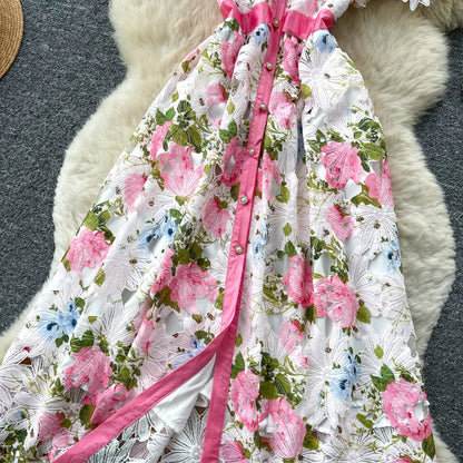 Embroidery Flower Vacation Dress French Style Blet Lapel Slim High Quality Hollow Out Ladies Elegant A-line Long Dress