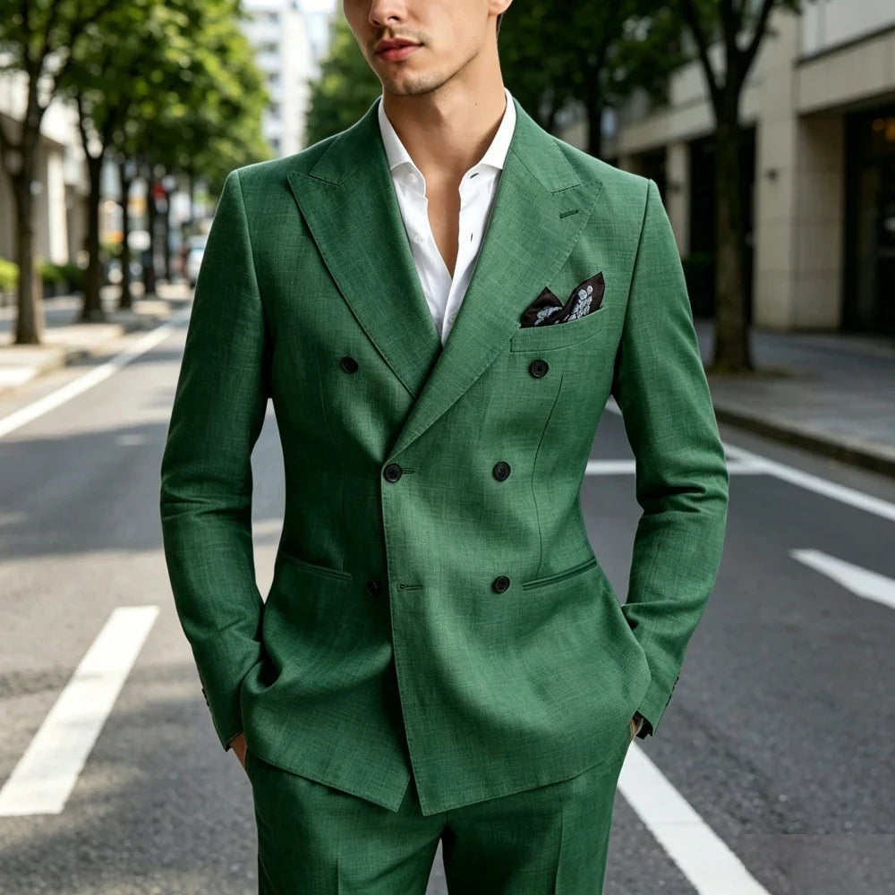 Sage Green Prom Suits For Men 2 Pieces Linen Summer Men Suits Slim Fit Casual Formal Outfit Blazer Pants Set For Party