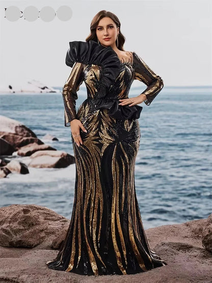 Plus Size Luxury Ruffled Sequins Evening Dresses Elegant Long Sleeve Mermaid Formal Wedding Party Cocktail Gowns