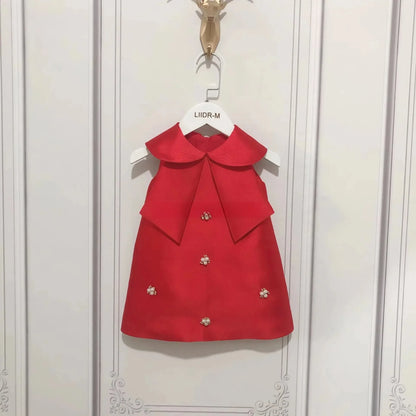 New Girls Western Style Long-Sleeved RedAWord PrincessAExpansion Skirt Handmade Pearl Diamond Dress Skirt