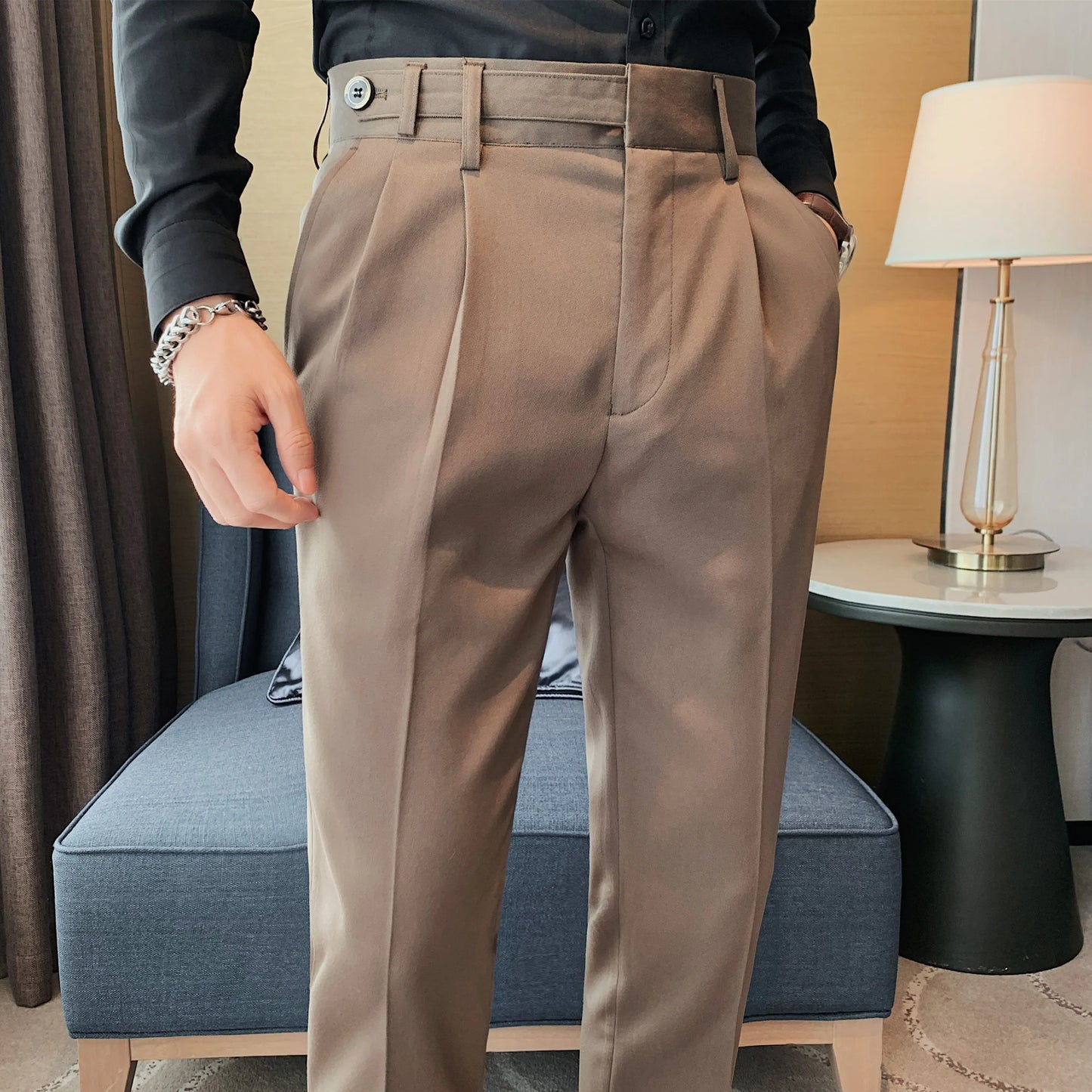 Autumn Winter High Quality Solid Casual Pants Men Belt Design Slim Fit Trousers Formal Office Business Social Party Suit Pants