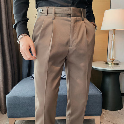 Autumn Winter High Quality Solid Casual Pants Men Belt Design Slim Fit Trousers Formal Office Business Social Party Suit Pants
