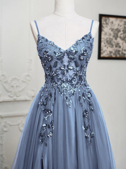 Sling Evening Dresses Sexy Spaghetti Straps V-Neck Illusion Sequins Appliques Prom Dress A-Line Train High Split Gowns