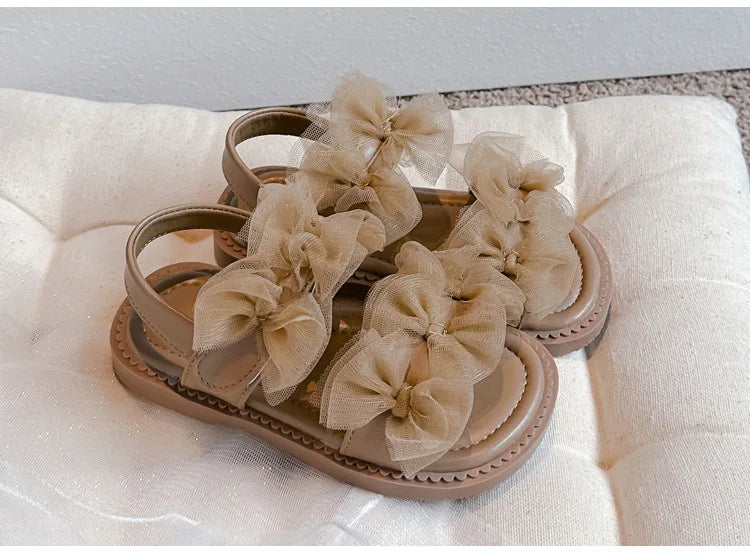 Girls' Sandals 2024 Summer New Fairy Style Princess Sandals with Mesh Bow Kids Versatile Fashion Sweet Beach Shoes for Vacation