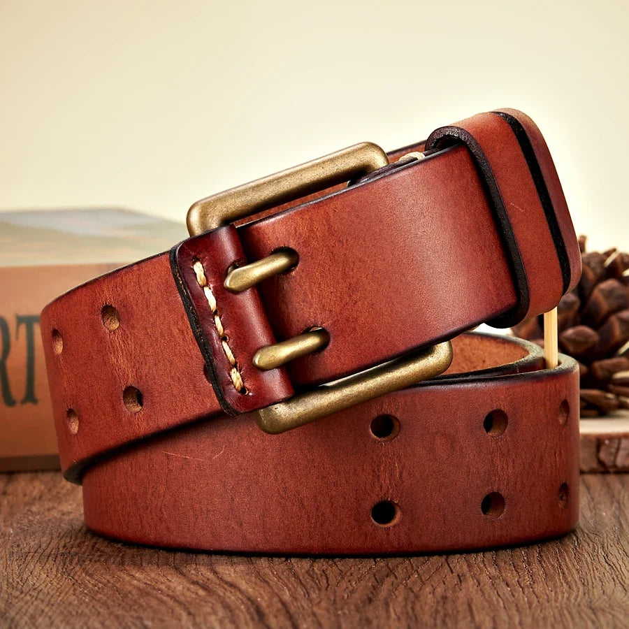3.8cm Wide Retro Vintage Men's Belt Cowhide Genuine Leather Belt Copper Double Needle Buckle Handmade Cowboy Jeans Belt
