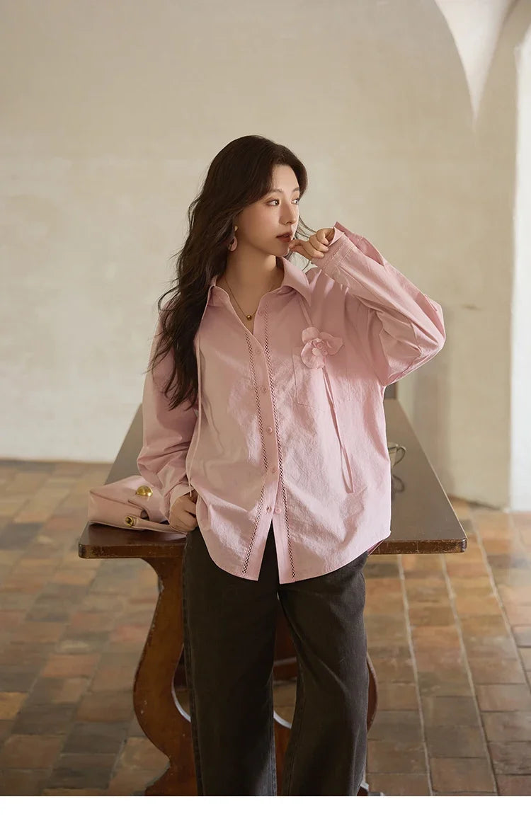100% Cotton Shirt For Women Autumn 2025 New Fashion Petal Ribbon Button Long Sleeves Shirt Women's Clothing MXE41C2349