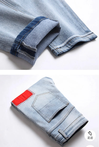 Men's Embroidered Jeans Rainbow Square Cloth Pure Cotton Stretch Slim Pants Scraped White Wearable High Street Color Patch 2025
