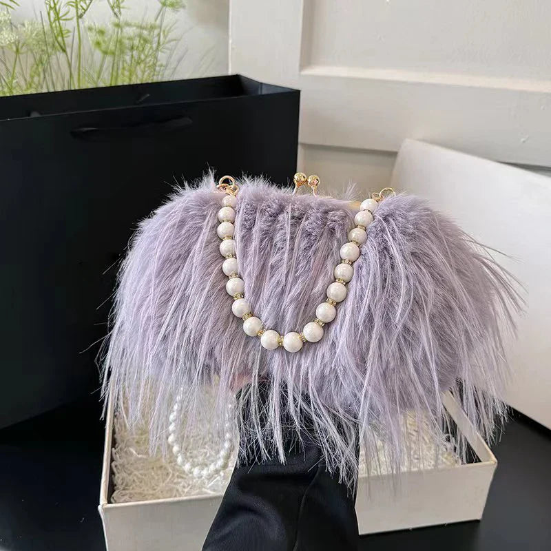 Luxury Faux Fur Evening Bag Pearl Chain Trendy Long Tassel Plush Shoulder Bag Large Capacity Tote Wedding Handbag XA48ZZ