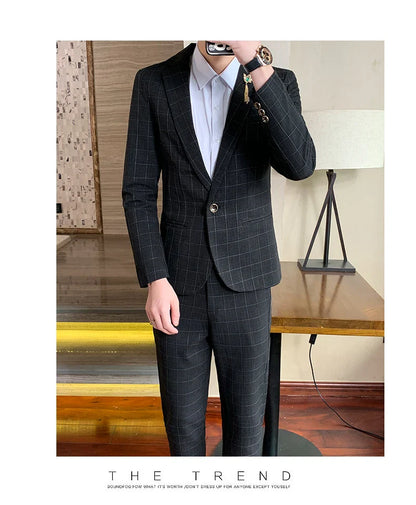 Autumn 2024 Men's Slim Fit Checkered Two-Piece Suit Korean Style Handsome Fashion Suit And Trousers Set