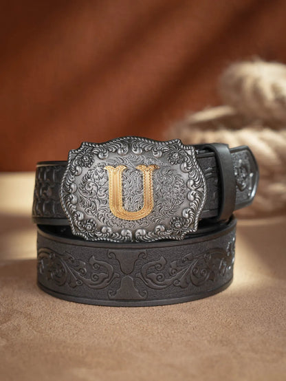 Western Cowboy PU Leather Belt - Men Waist Strap Bull Decoration Floral Engraved for Jeans